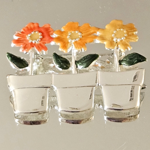 Colorful Vintage Flowerpot Broach In Silver Tone - Picture 4 of 4